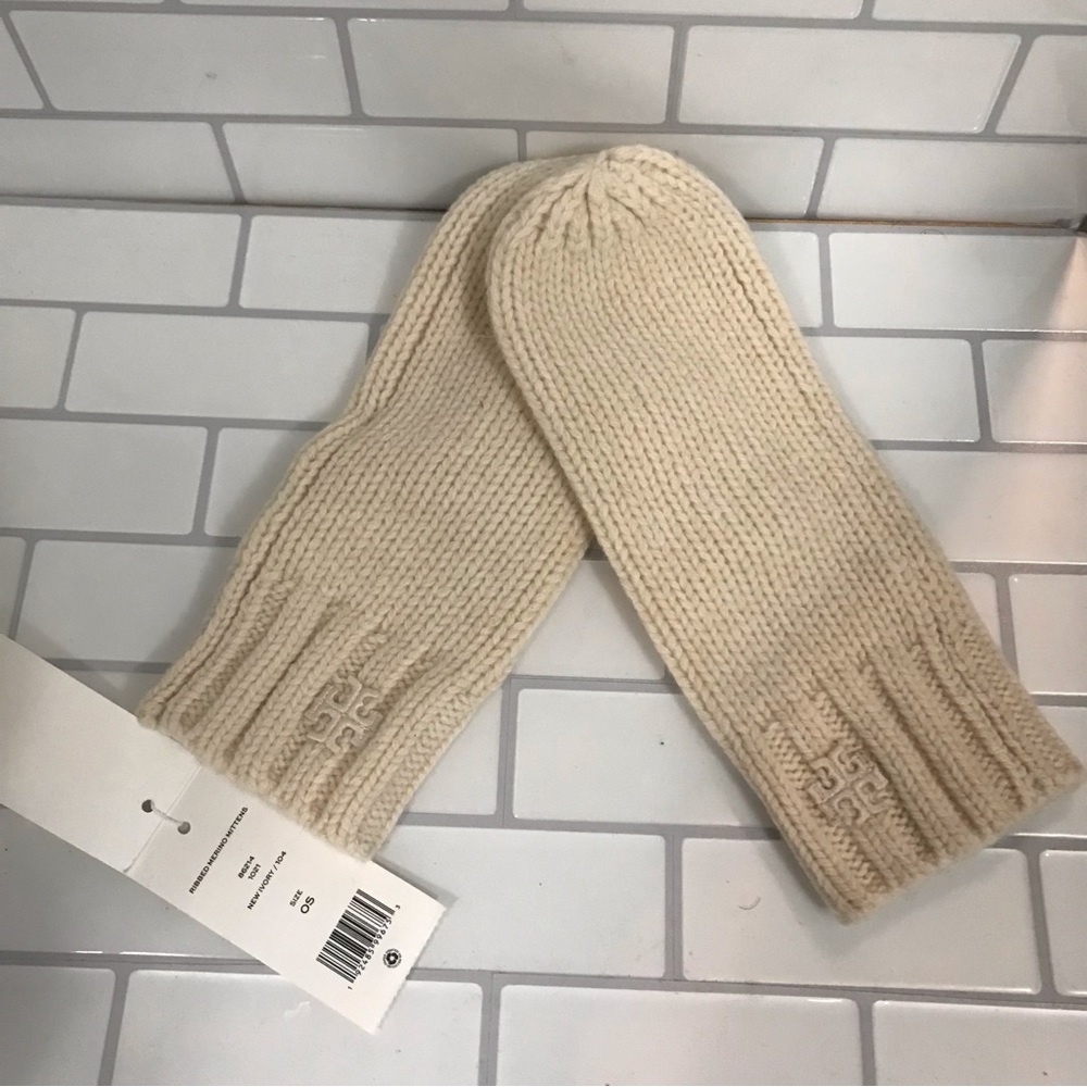 Tory Burch White Ribbed Merino Wool Mittens